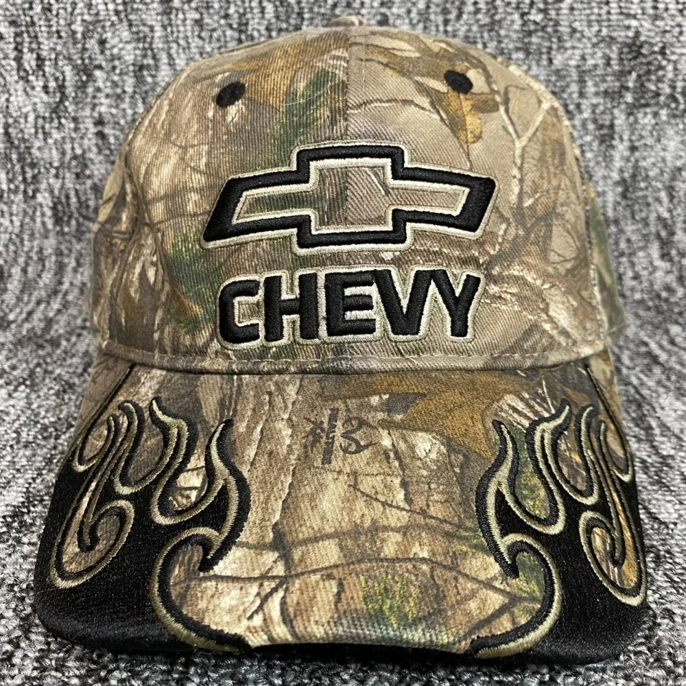 Vintage Chevy Camo Hat Realtree Xtra Embroidered Flames Signatures Stretch L XL